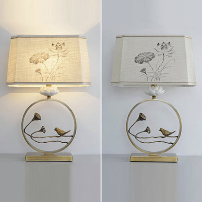 Traditional Chinese Antique Brass Fabric Bird Lotus 1-Light Table Lamp For Bedroom & Living Room