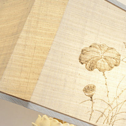Traditional Chinese Antique Brass Fabric Bird Lotus 1-Light Table Lamp For Bedroom & Living Room