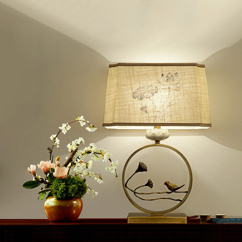 Traditional Chinese Antique Brass Fabric Bird Lotus 1-Light Table Lamp For Bedroom & Living Room
