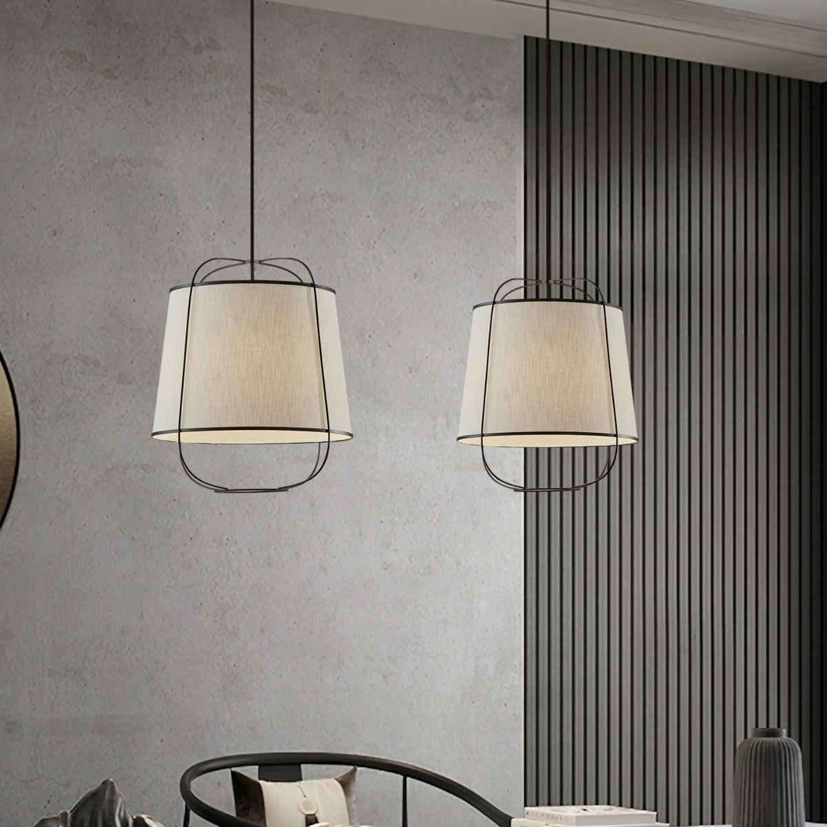 Traditional Chinese Fabric Iron Round Curved 1-Light Pendant Light For Bedroom & Living Room