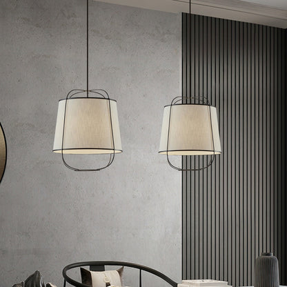 Traditional Chinese Fabric Iron Round Curved 1-Light Pendant Light For Bedroom & Living Room