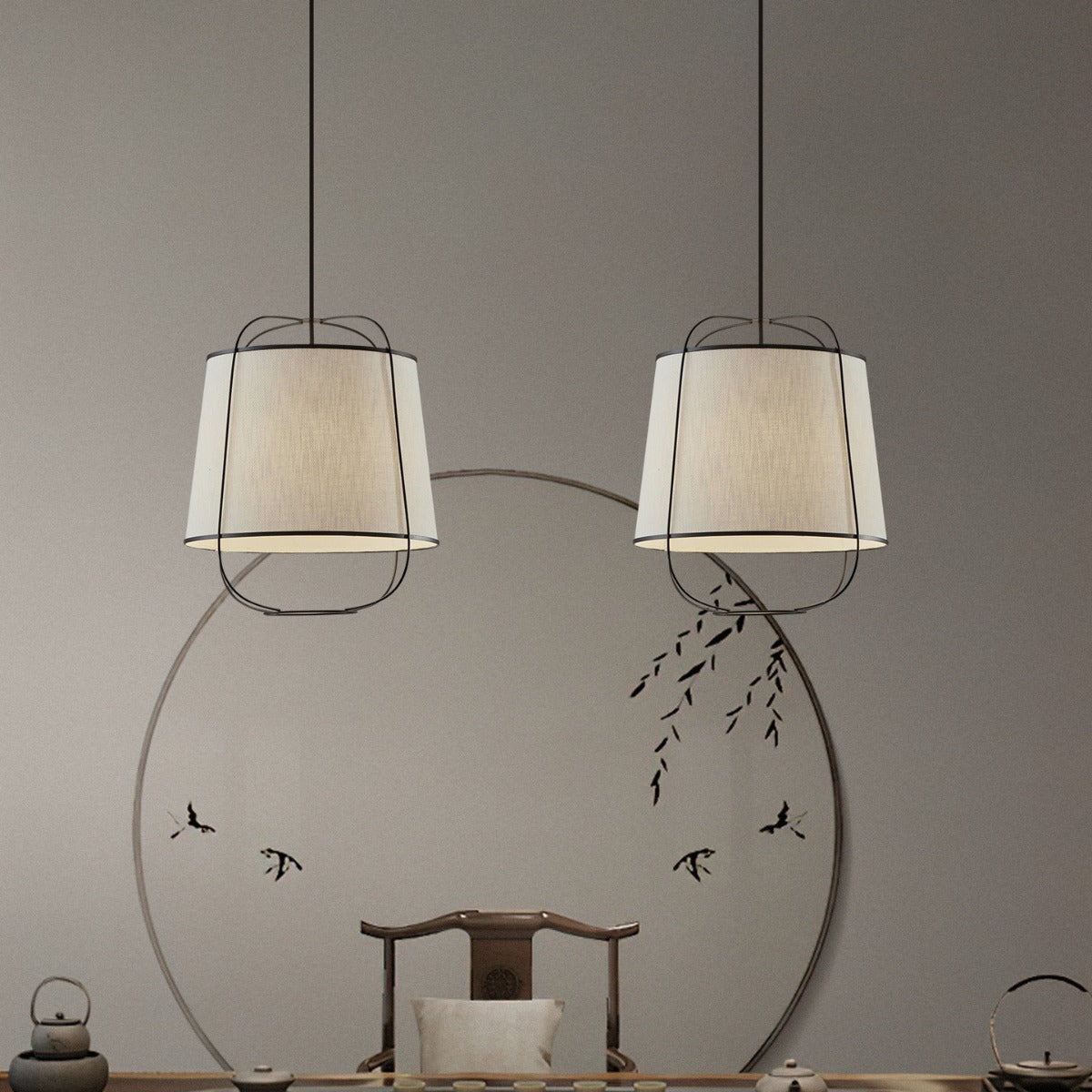 Traditional Chinese Fabric Iron Round Curved 1-Light Pendant Light For Bedroom & Living Room
