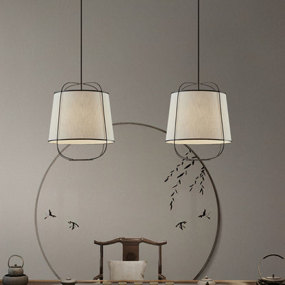 Traditional Chinese Fabric Iron Round Curved 1-Light Pendant Light For Bedroom & Living Room