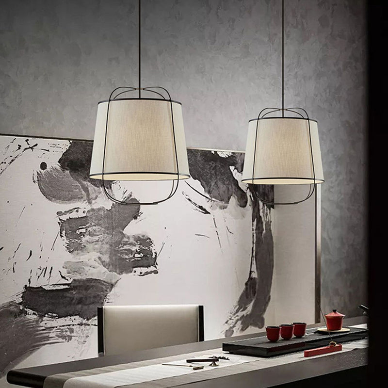 Traditional Chinese Fabric Iron Round Curved 1-Light Pendant Light For Bedroom & Living Room