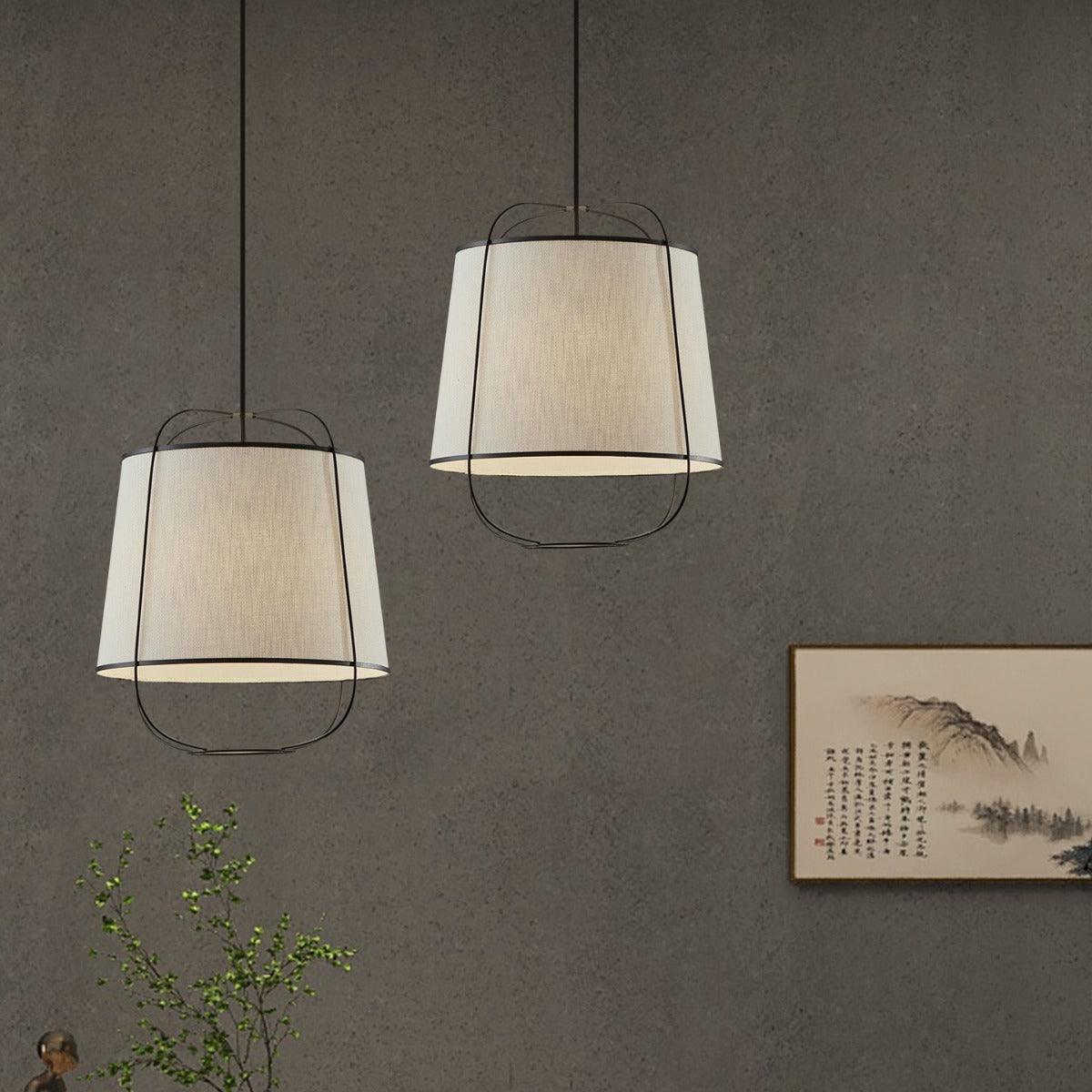 Traditional Chinese Fabric Iron Round Curved 1-Light Pendant Light For Bedroom & Living Room