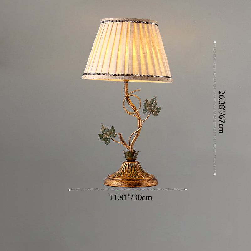 Traditional Farmhouse Fabric Iron Leaf Curved Round 1-Light Table Lamp For Bedroom & Living Room