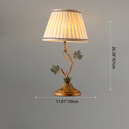 Traditional Farmhouse Fabric Iron Leaf Curved Round 1-Light Table Lamp For Bedroom & Living Room