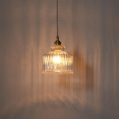 Traditional Japanese Glass Copper Round Cylinder 1-Light Pendant Light For Bedroom & Living