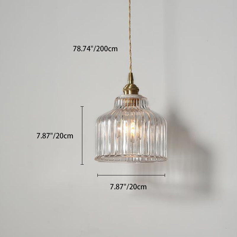 Traditional Japanese Glass Copper Round Cylinder 1-Light Pendant Light For Bedroom & Living