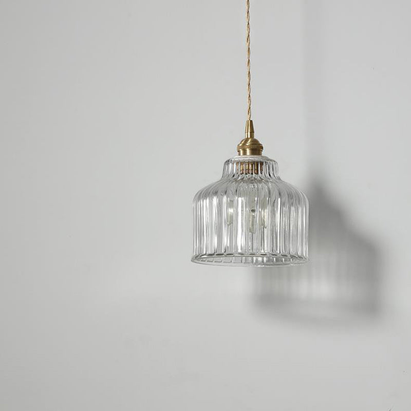Traditional Japanese Glass Copper Round Cylinder 1-Light Pendant Light For Bedroom & Living