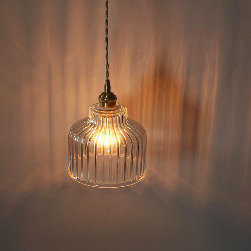Traditional Japanese Glass Copper Round Cylinder 1-Light Pendant Light For Bedroom & Living