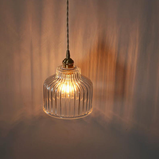 Traditional Japanese Glass Copper Round Cylinder 1-Light Pendant Light For Bedroom & Living