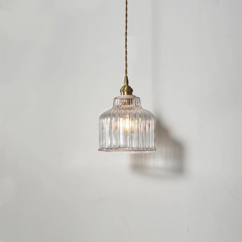 Traditional Japanese Glass Copper Round Cylinder 1-Light Pendant Light For Bedroom & Living