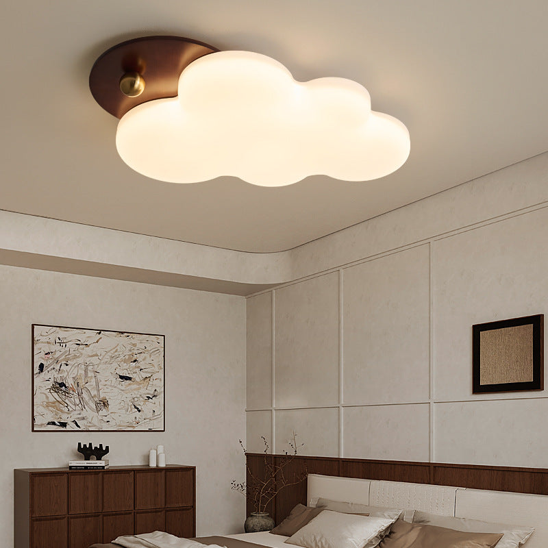 Traditional Vintage PE Rubber Wood Cream Cloud Curved LED Flush Mount Ceiling Light For Bedroom & Living Room