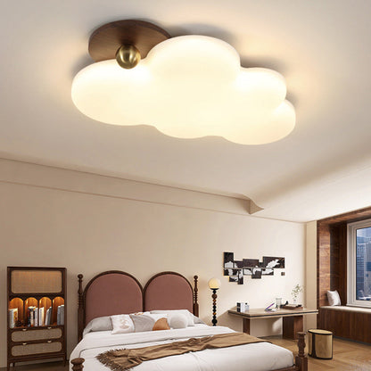 Traditional Vintage PE Rubber Wood Cream Cloud Curved LED Flush Mount Ceiling Light For Bedroom & Living Room