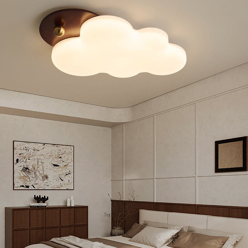 Traditional Vintage PE Rubber Wood Cream Cloud Curved LED Flush Mount Ceiling Light For Bedroom & Living Room