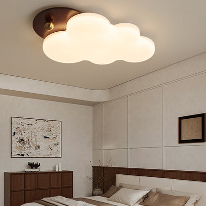 Traditional Vintage PE Rubber Wood Cream Cloud Curved LED Flush Mount Ceiling Light For Bedroom & Living Room
