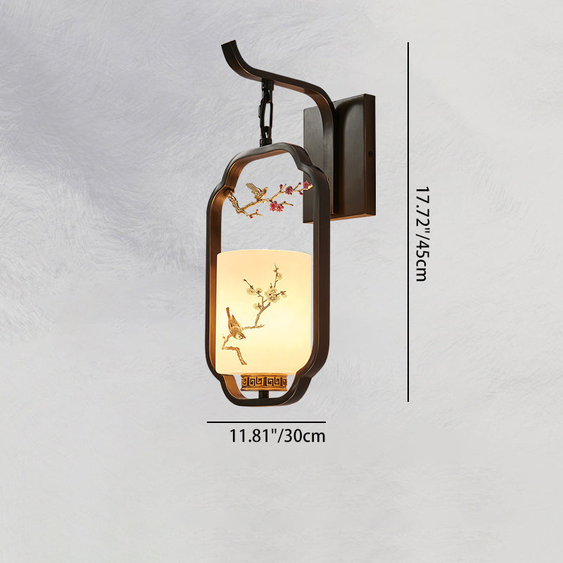 Traditional Chinese Glass Iron Floral Bird Pattern Cylindrical 1-Light Wall Sconce Lamp For Bedroom & Living Room