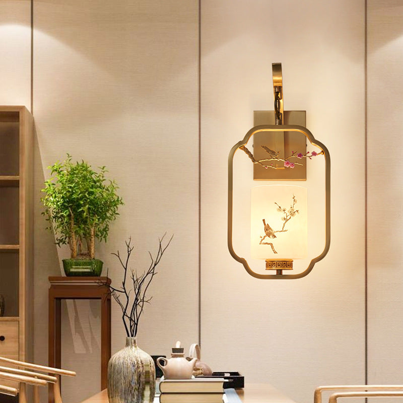Traditional Chinese Glass Iron Floral Bird Pattern Cylindrical 1-Light Wall Sconce Lamp For Bedroom & Living Room