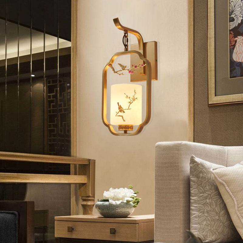Traditional Chinese Glass Iron Floral Bird Pattern Cylindrical 1-Light Wall Sconce Lamp For Bedroom & Living Room