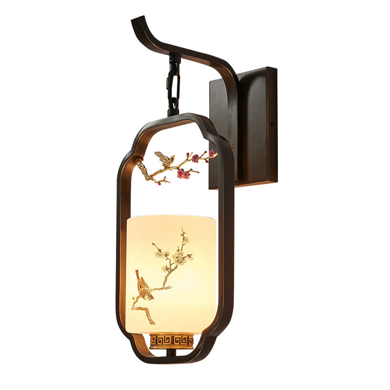 Traditional Chinese Glass Iron Floral Bird Pattern Cylindrical 1-Light Wall Sconce Lamp For Bedroom & Living Room