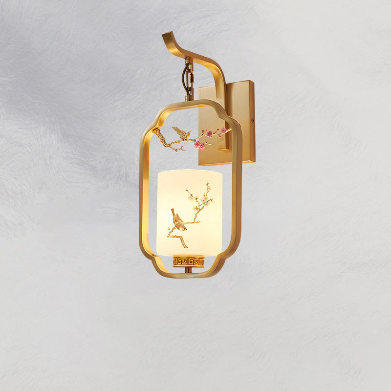 Traditional Chinese Glass Iron Floral Bird Pattern Cylindrical 1-Light Wall Sconce Lamp For Bedroom & Living Room