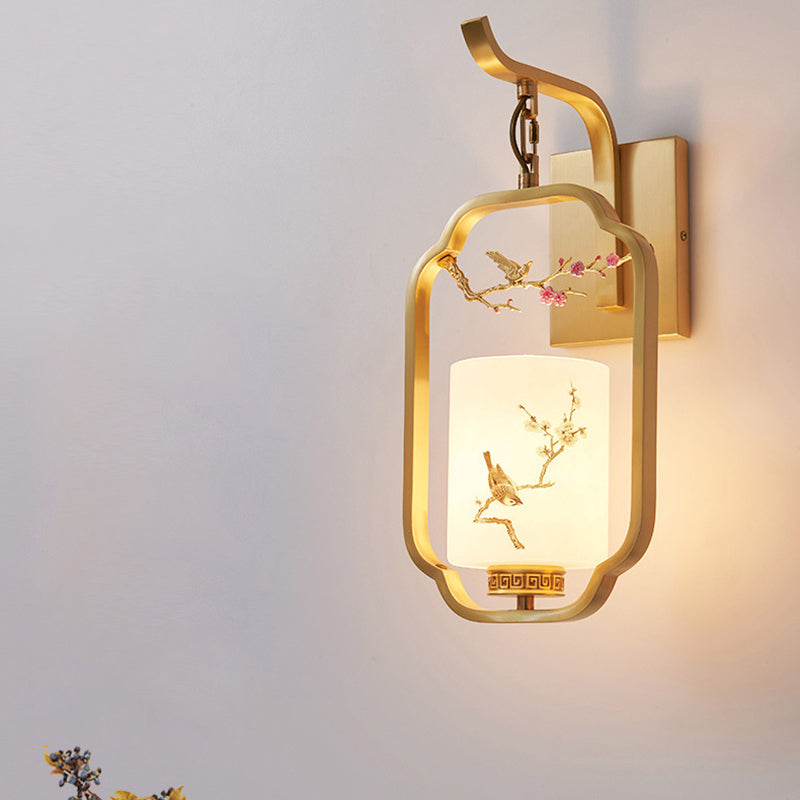 Traditional Chinese Glass Iron Floral Bird Pattern Cylindrical 1-Light Wall Sconce Lamp For Bedroom & Living Room