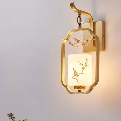 Traditional Chinese Glass Iron Floral Bird Pattern Cylindrical 1-Light Wall Sconce Lamp For Bedroom & Living Room