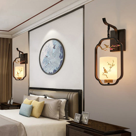 Traditional Chinese Glass Iron Floral Bird Pattern Cylindrical 1-Light Wall Sconce Lamp For Bedroom & Living Room