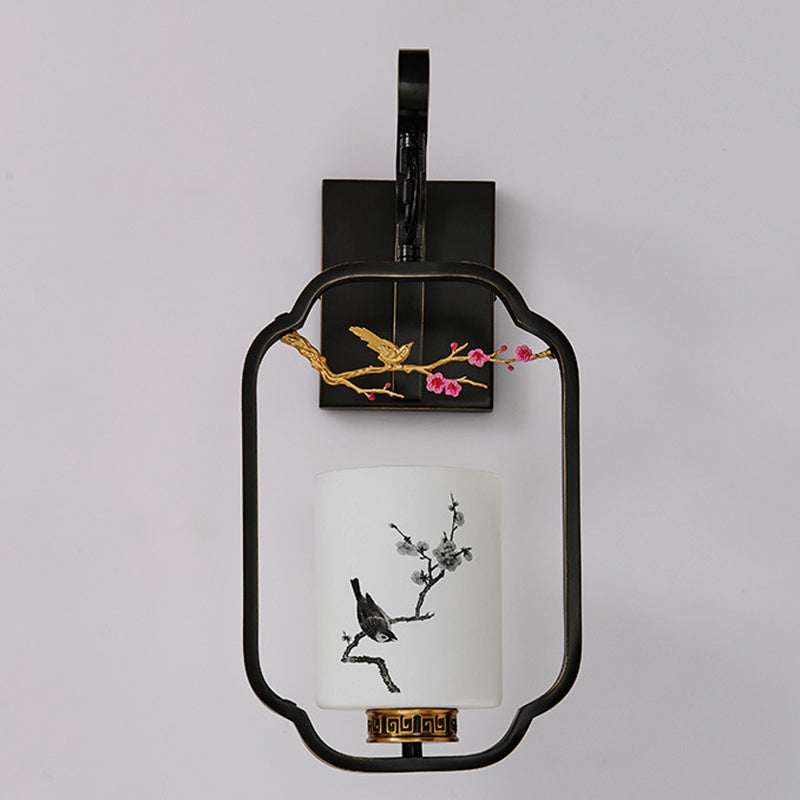 Traditional Chinese Glass Iron Floral Bird Pattern Cylindrical 1-Light Wall Sconce Lamp For Bedroom & Living Room