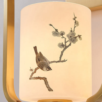 Traditional Chinese Glass Iron Floral Bird Pattern Cylindrical 1-Light Wall Sconce Lamp For Bedroom & Living Room