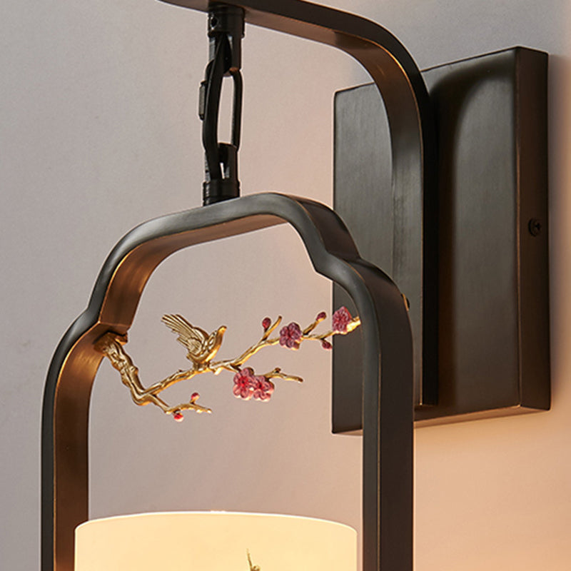 Traditional Chinese Glass Iron Floral Bird Pattern Cylindrical 1-Light Wall Sconce Lamp For Bedroom & Living Room