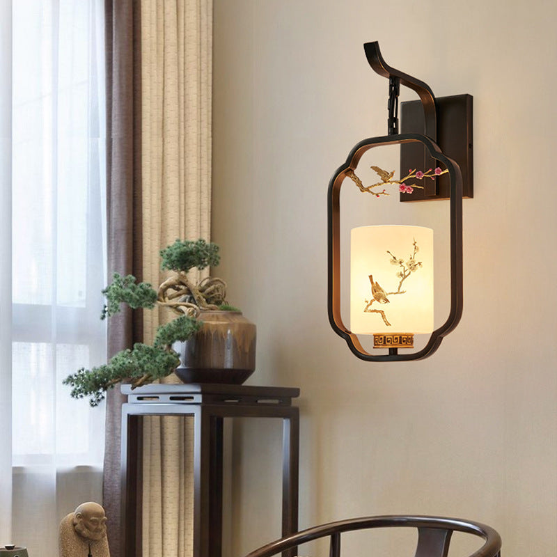 Traditional Chinese Glass Iron Floral Bird Pattern Cylindrical 1-Light Wall Sconce Lamp For Bedroom & Living Room