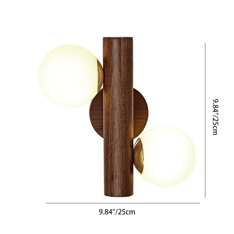 Contemporary Scandinavian Metal Rubberwood Glass Cylinder Globe 2-Light Wall Sconce Lamp For Bedroom & Living Room