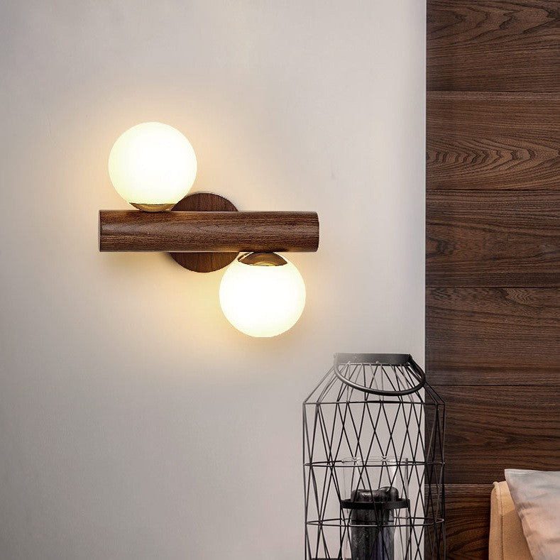 Contemporary Scandinavian Metal Rubberwood Glass Cylinder Globe 2-Light Wall Sconce Lamp For Bedroom & Living Room