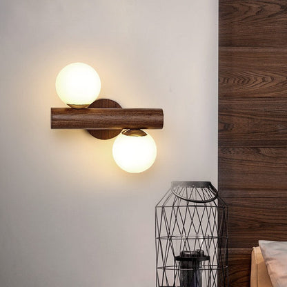 Contemporary Scandinavian Metal Rubberwood Glass Cylinder Globe 2-Light Wall Sconce Lamp For Bedroom & Living Room