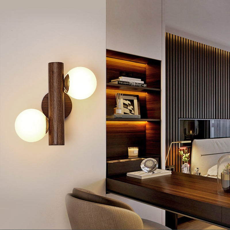 Contemporary Scandinavian Metal Rubberwood Glass Cylinder Globe 2-Light Wall Sconce Lamp For Bedroom & Living Room
