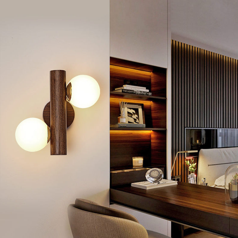 Contemporary Scandinavian Metal Rubberwood Glass Cylinder Globe 2-Light Wall Sconce Lamp For Bedroom & Living Room