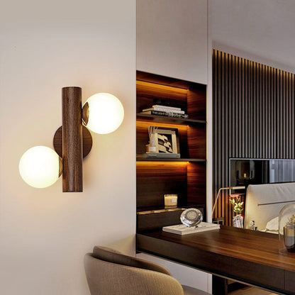Contemporary Scandinavian Metal Rubberwood Glass Cylinder Globe 2-Light Wall Sconce Lamp For Bedroom & Living Room