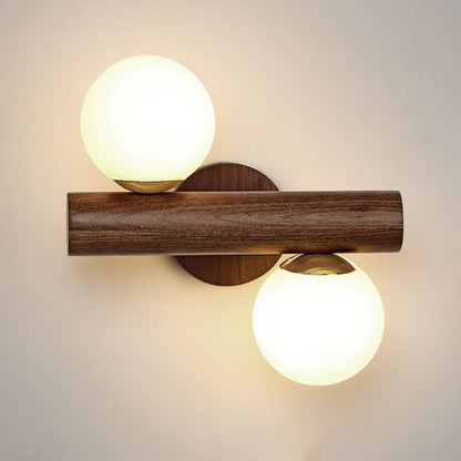 Contemporary Scandinavian Metal Rubberwood Glass Cylinder Globe 2-Light Wall Sconce Lamp For Bedroom & Living Room