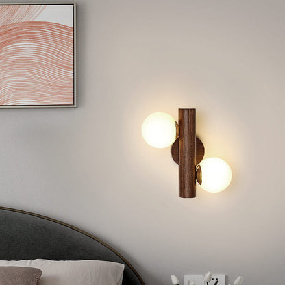 Contemporary Scandinavian Metal Rubberwood Glass Cylinder Globe 2-Light Wall Sconce Lamp For Bedroom & Living Room