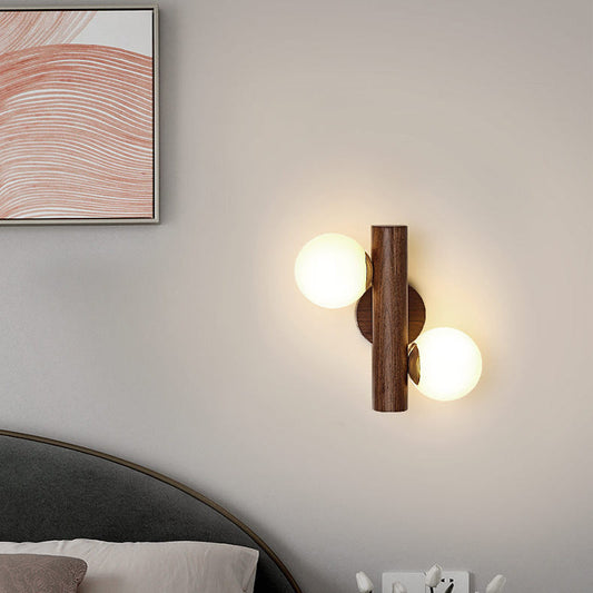 Contemporary Scandinavian Metal Rubberwood Glass Cylinder Globe 2-Light Wall Sconce Lamp For Bedroom & Living Room