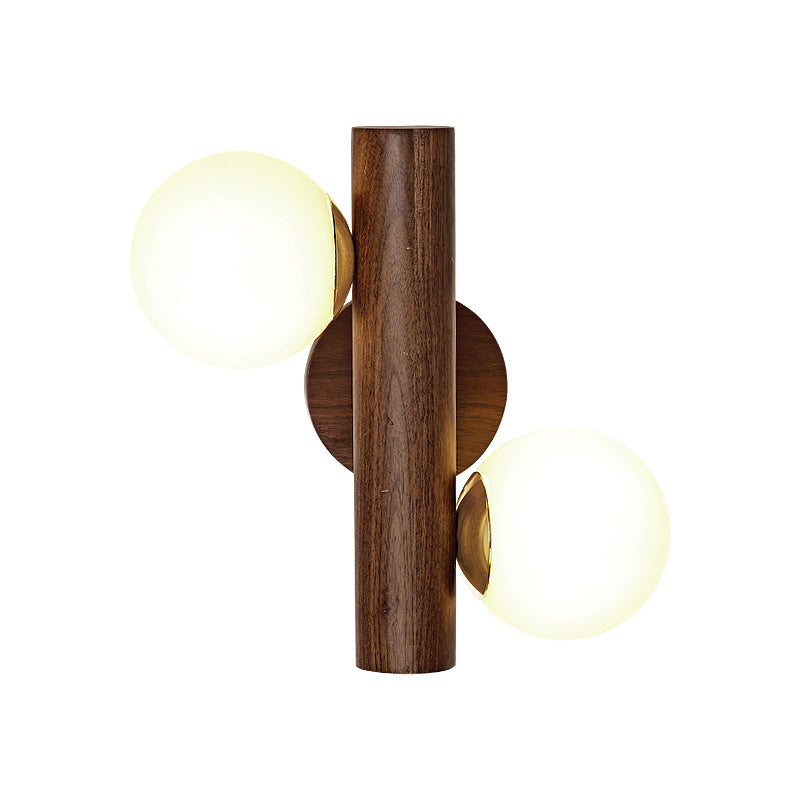 Contemporary Scandinavian Metal Rubberwood Glass Cylinder Globe 2-Light Wall Sconce Lamp For Bedroom & Living Room