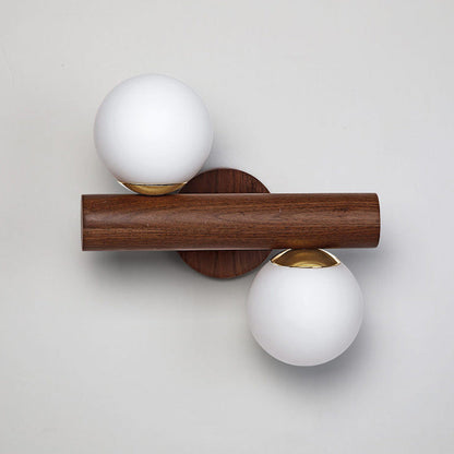 Contemporary Scandinavian Metal Rubberwood Glass Cylinder Globe 2-Light Wall Sconce Lamp For Bedroom & Living Room