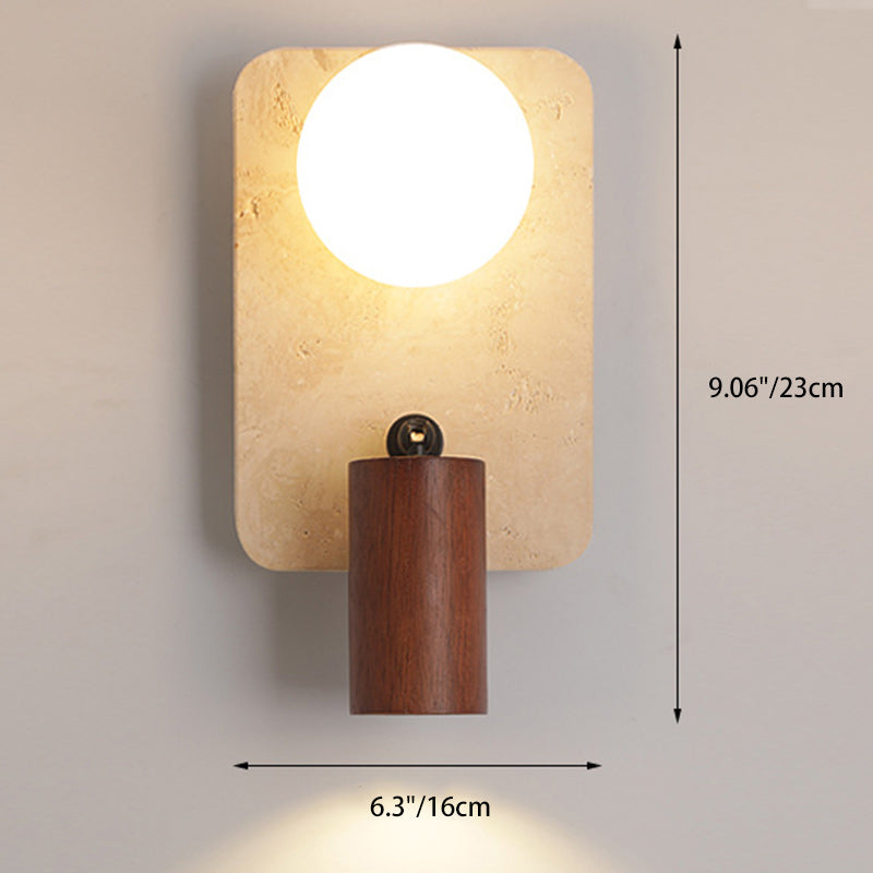 Contemporary Creative Travertine Solid Wood Glass Square Oval Globe 2-Light Wall Sconce Lamp For Bedroom & Living Room