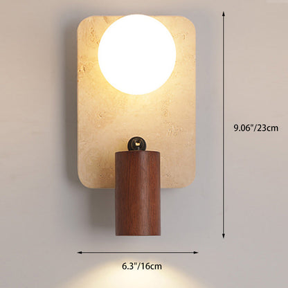 Contemporary Creative Travertine Solid Wood Glass Square Oval Globe 2-Light Wall Sconce Lamp For Bedroom & Living Room