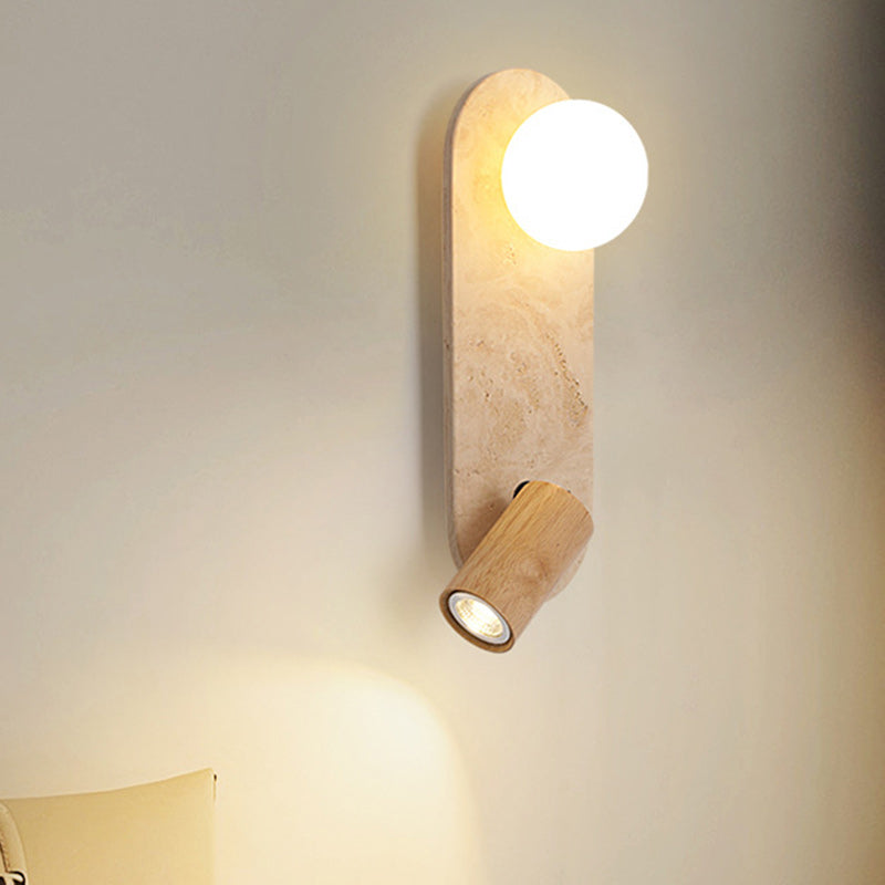 Contemporary Creative Travertine Solid Wood Glass Square Oval Globe 2-Light Wall Sconce Lamp For Bedroom & Living Room