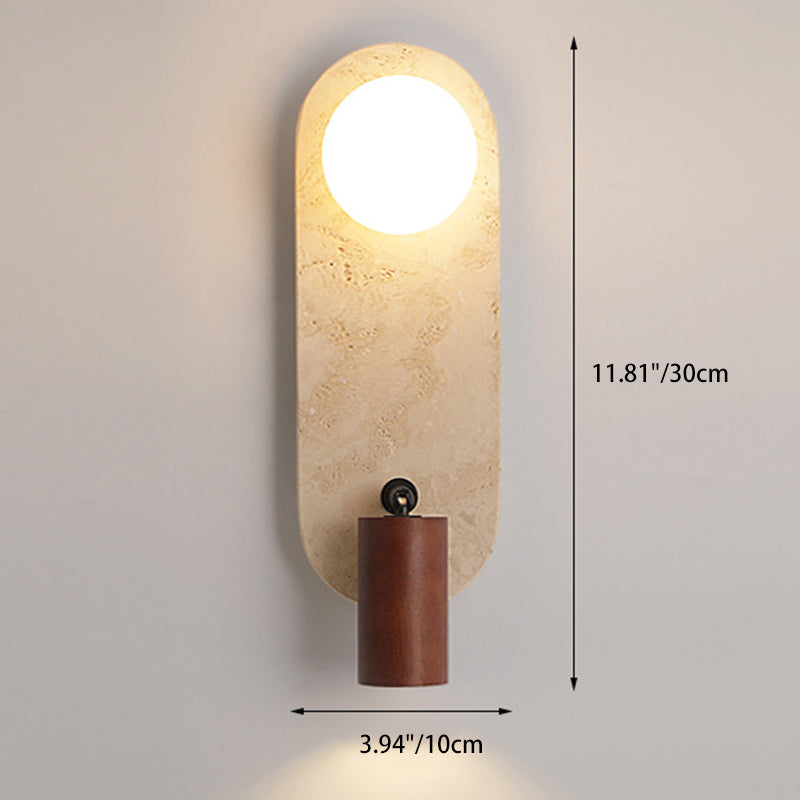 Contemporary Creative Travertine Solid Wood Glass Square Oval Globe 2-Light Wall Sconce Lamp For Bedroom & Living Room