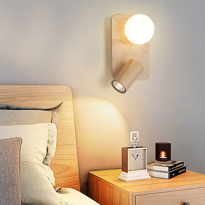 Contemporary Creative Travertine Solid Wood Glass Square Oval Globe 2-Light Wall Sconce Lamp For Bedroom & Living Room