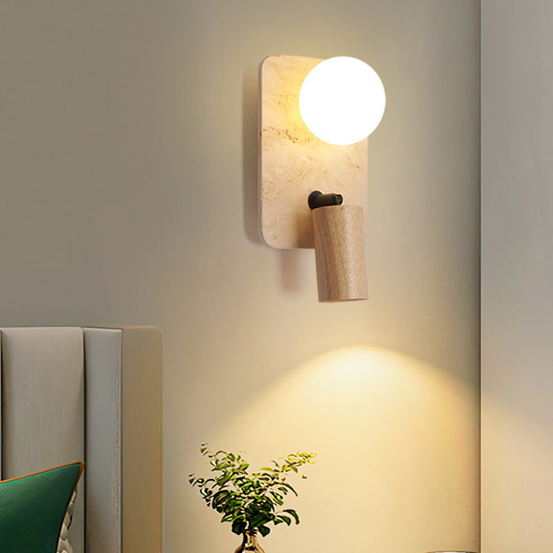 Contemporary Creative Travertine Solid Wood Glass Square Oval Globe 2-Light Wall Sconce Lamp For Bedroom & Living Room